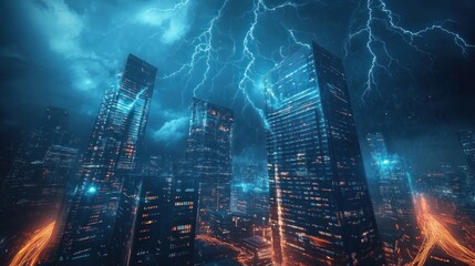 Obraz premium Cityscape Illuminated by Striking Nighttime Lightning