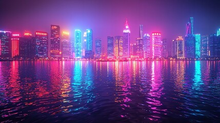 Fototapeta premium A Vibrant Cityscape with Glowing Neon Lights Reflected on Wet Streets