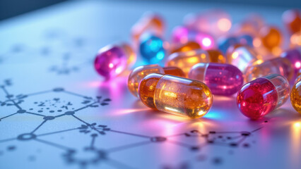 A vibrant display of NAD supplements with a molecular structure background, emphasizing the science behind this popular health product.