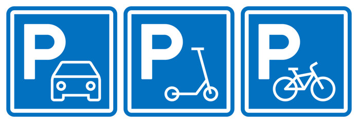 Car, scooter and bike parking sign, road symbol set. Parking public icons street place.