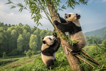 Fototapeta premium Two years aged young giant Pandas (Ailuropoda melanoleuca), Chengdu, Sichuan, China