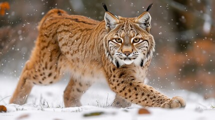 Fototapeta premium Lynx gracefully traversing a snowy forest landscape while diligently searching for food sources