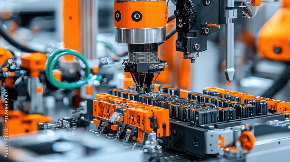 Poster Automated machinery inserting separators between battery cells at bbfa standard manufacturing facility for enhanced efficiency and quality control