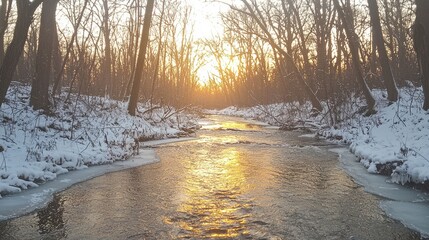 Winter sunset reflecting on a snowy creek surrounded by bare trees.