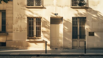Fototapeta premium Elegant Parisian building, minimalist design, facing a wall with windows and doors, sunny afternoon light, serene atmosphere, no people visible.