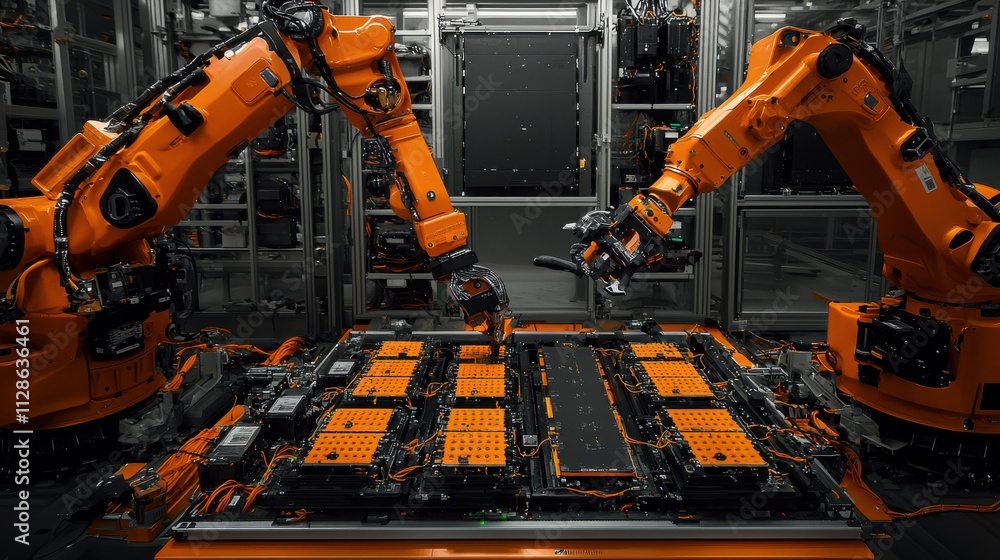 Leinwandbilder Robotic arms assembling battery cells into modules in automated production line industrial environment high-tech perspective for energy solutions