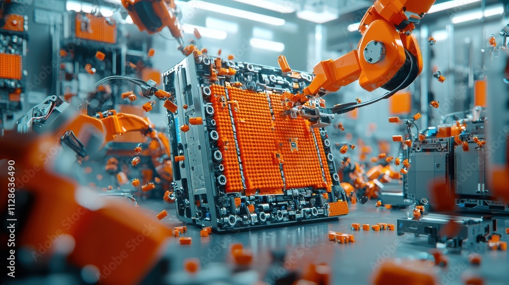 Leinwandbilder robotic arms assembling battery cells into modules in an industrial setting for enhanced efficiency 