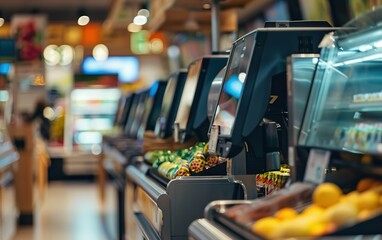 Self check out machines standing in a raw on self check out lane at the grocery store in supermarket, self service area, POS system. Automated tech concept. Copy space, defocused, blurred background