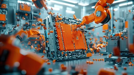 Robotic arms assembling battery cells into modules in an industrial setting for enhanced efficiency and standardization