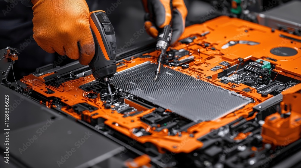 Fototapete Automated machines inserting separators between battery cells for bbfa standard manufacturing industrial facility technical document engineering perspective battery technology