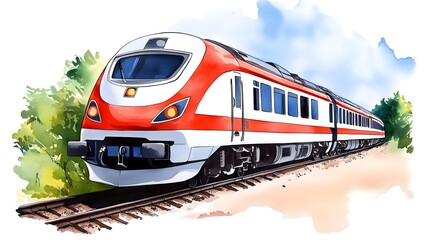 Naklejka premium Vibrant Red and White Train Passing Through Lush Greenery on a Bright Day with Blue Sky and Fluffy Clouds in the Background