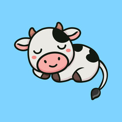 cute cow sleeping cartoon character flat color vector illustration template design