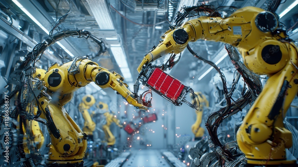 Poster robots assembling prismatic battery cells for electric standards in high-tech manufacturing faciliti