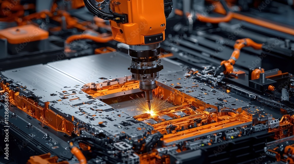 Aufkleber Automated robotic systems welding connections in electric vehicle battery standards enhancing efficiency and precision in manufacturing environments