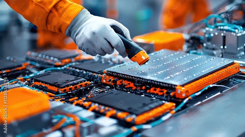 Fototapete Automated robots assembling prismatic battery cells for electric standards in high-tech manufacturing facility an in-depth exploration of advanced robotics and energy storage systems