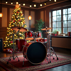 Festive Red Drum Kit by Christmas Tree in Cozy Wood-Paneled Room