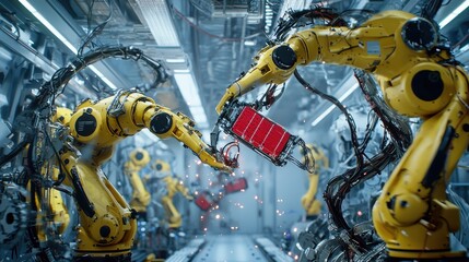 Robots assembling prismatic battery cells for electric standards in high-tech manufacturing facilities a futuristic perspective on automation and energy storage
