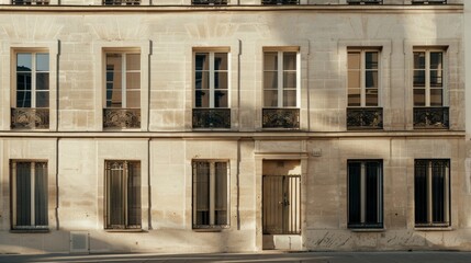 Fototapeta premium Elegant Parisian building, minimalist design, facing a wall with windows and doors, sunny afternoon, peaceful urban setting, no people visible.