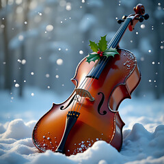 Winter Symphony: Classical Cello with Holly in Serene Snowy Forest Setting