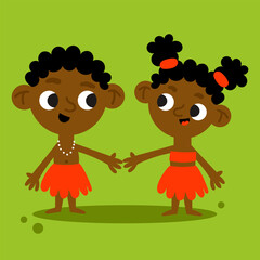 Playful cartoon illustration of two African children in traditional attire, holding hands, educational and cultural projects.