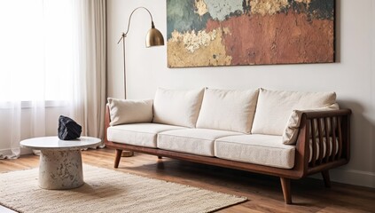 Generative AI, Modern living room with sculptural boucle sofa and abstract textured artwork