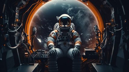 Naklejka premium an astronaut sitting in the circular window inside their spacecraft.