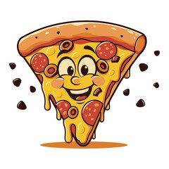 Floating Funny cartoon slice pizza.playing football pizza. pizza vector Icon Illustration Food