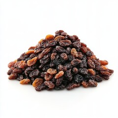 Pile of raisins isolated on white background, angled view