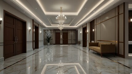 Elegant marble hallway with chandelier, seating, and doors.
