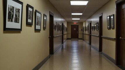 Long hallway with framed photos and doors.