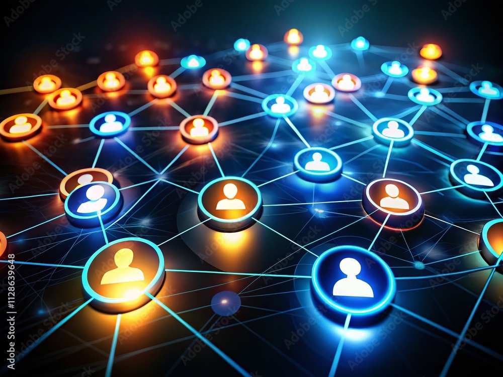 Poster a visual concept of social networking with circles representing user connections in low light photog