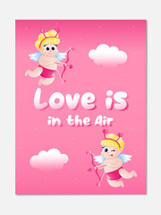  Logo love is in the air for Valentine's Day. Vertical card with cute angels cupids with bow and arrows on a blue background with clouds. Vector illustration