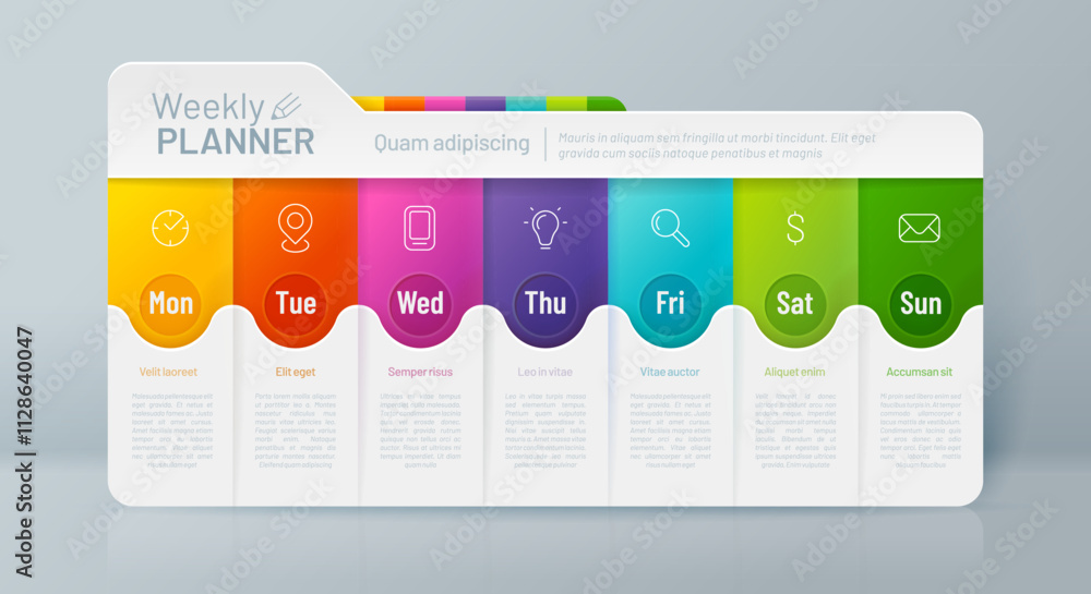 Poster weekly planner timeline infographic, daily week schedule, plan or step timetable vector template wit