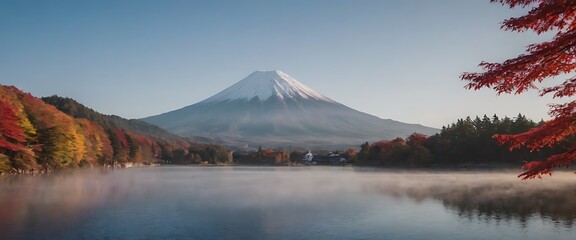 view of Mount Fuji, partially shrouded in mist, with vibrant autumn foliage in the foreground.