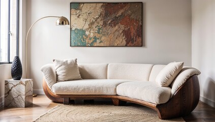 Generative AI, Modern living room with sculptural boucle sofa and abstract textured artwork