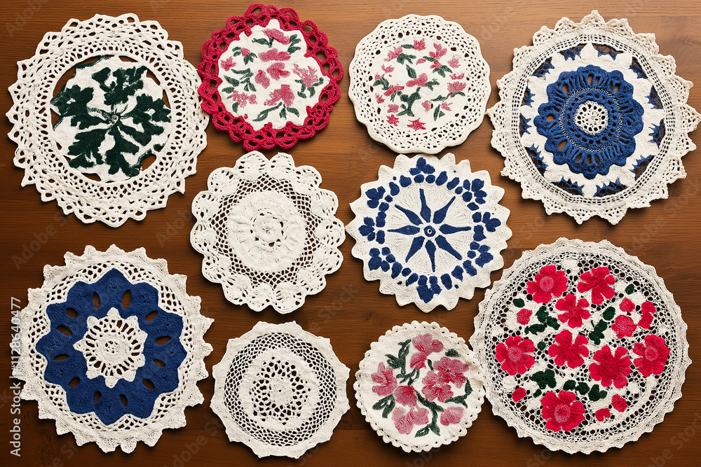 Aufkleber a collection of vintage doilies in varying patterns arranged on a wooden surface