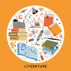 Literature lesson at school, reading and writing concept. Round art with stacks of books, notebook, pencil, fountain pen,lamp and cute characters. Vector isolated illustration, hand drawn, flat