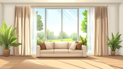 Fototapeta premium Photo of a modern living room with large windows and light wood floors, a beige sofa