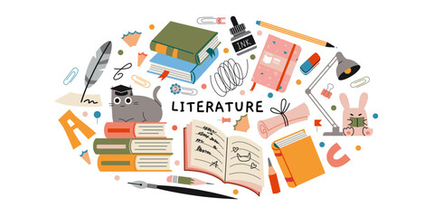Literature lesson at school, reading and writing concept. Oval art with stacks of books, notebook, pencil, fountain pen,lamp and cute characters. Vector isolated illustration, hand drawn, flat