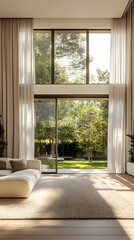 Obraz premium Photo of a modern living room with large windows and light wood floors, a beige sofa