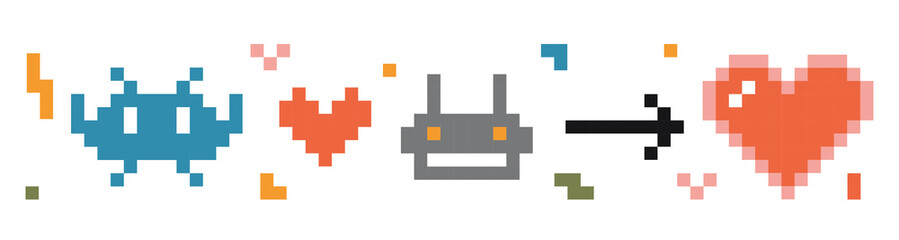 Pixel art composition with alien, robot and hearts, digital drawing, retro style. Trendy modern vector illustration isolated on white background, flat design