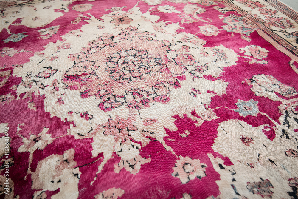 Poster a faded rug in soft pink and cream tones with intricate vintage patterns.