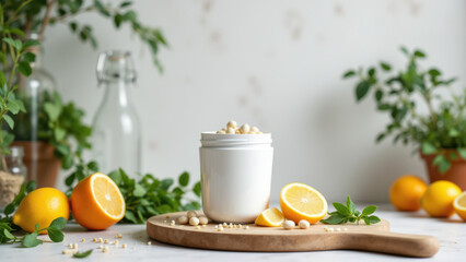 NAD supplement with lemon slice and herbs on wooden board.
