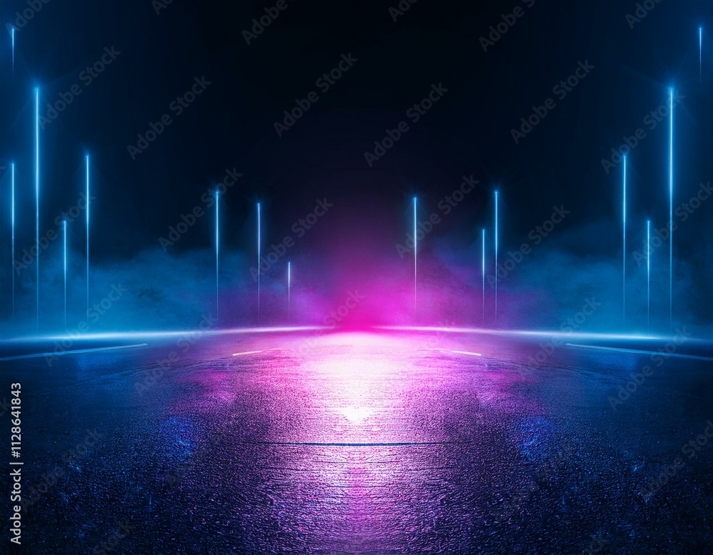 Poster abstract dark background of an empty scene with ultraviolet light.