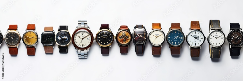 Poster A collection of diverse wristwatches lined up, featuring distinct styles and color schemes, ideal for showcasing design variety and custom text. Generative AI