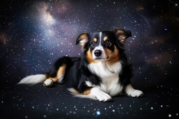 Dog resting against a starry night backdrop with a cosmic atmosphere