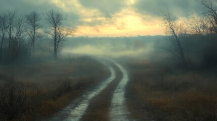 Fototapeta premium Misty Dawn Road Winding Through Autumnal Fields