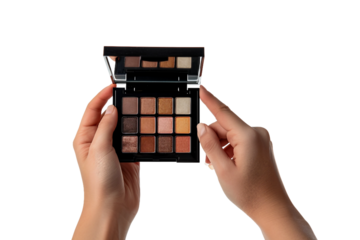 Captivating hand holding an eyeshadow palette with emphasis on beauty and elegance isolated on transparent background