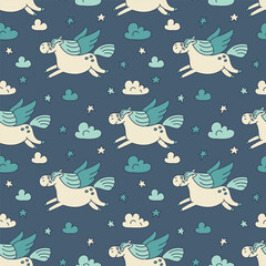 Cute flying horses in night sky. Pegas seamless vector pattern