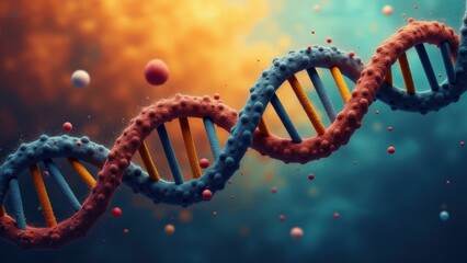 Vivid DNA strand glowing against an orange and blue gradient background, symbolizing biotechnology and science